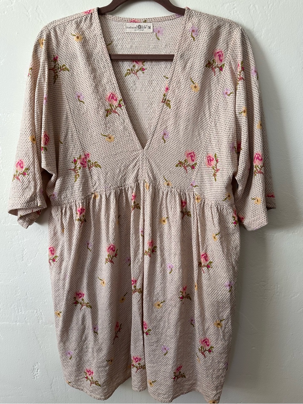 Natural Life Cottagecore Floral Dotted Babydoll Tunic Dress Blouse M